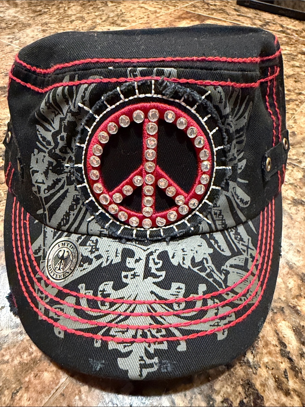 Black Canvas Peace Sign Cap with Red Stitching & Rhinestones